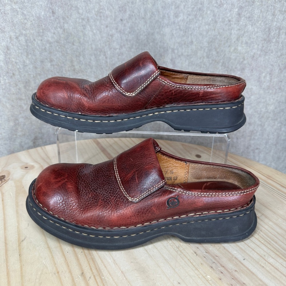 VTG Y2K Born Leather Clogs Women 8 Burgundy Slip On Comfort Mules B7408